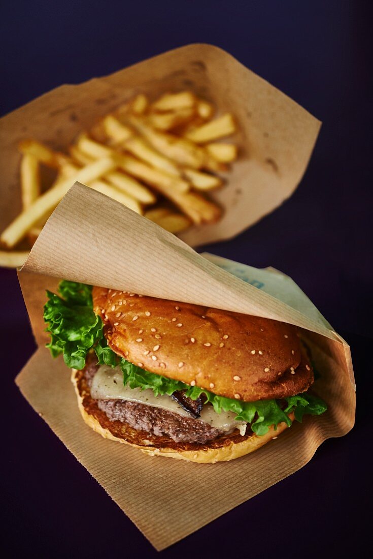 A cheese burger and chips in paper