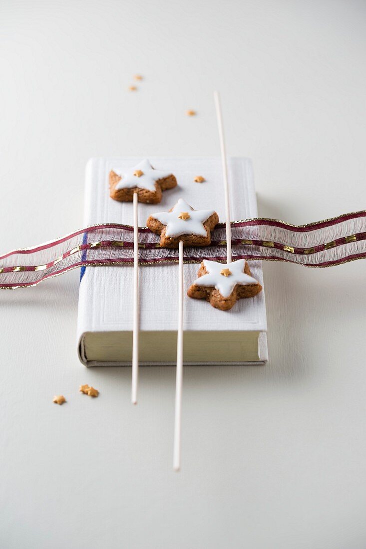 Zimtsterne mit kleinen Zuckersternen am Stiel