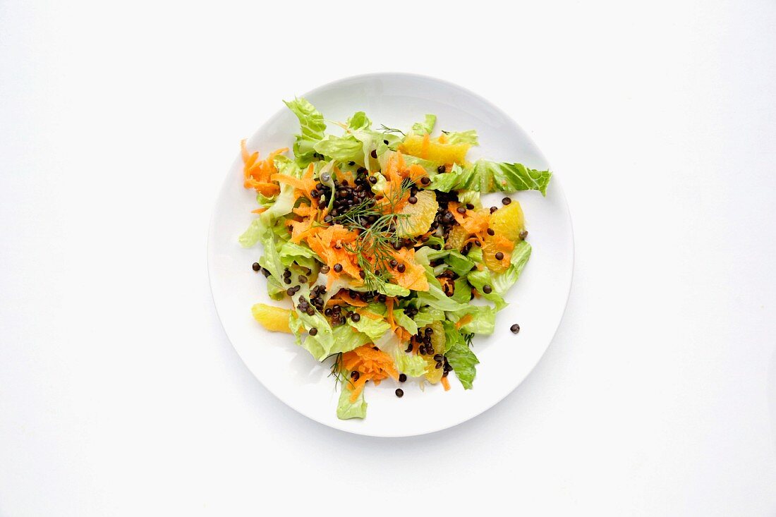 Carrot and orange salad with lentils, allspice and chicory (seen from above)