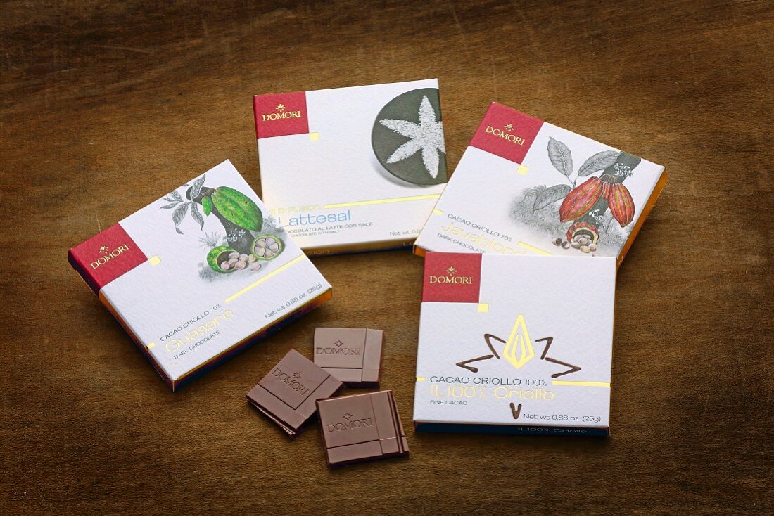 Various types of packaged Domori chocolate