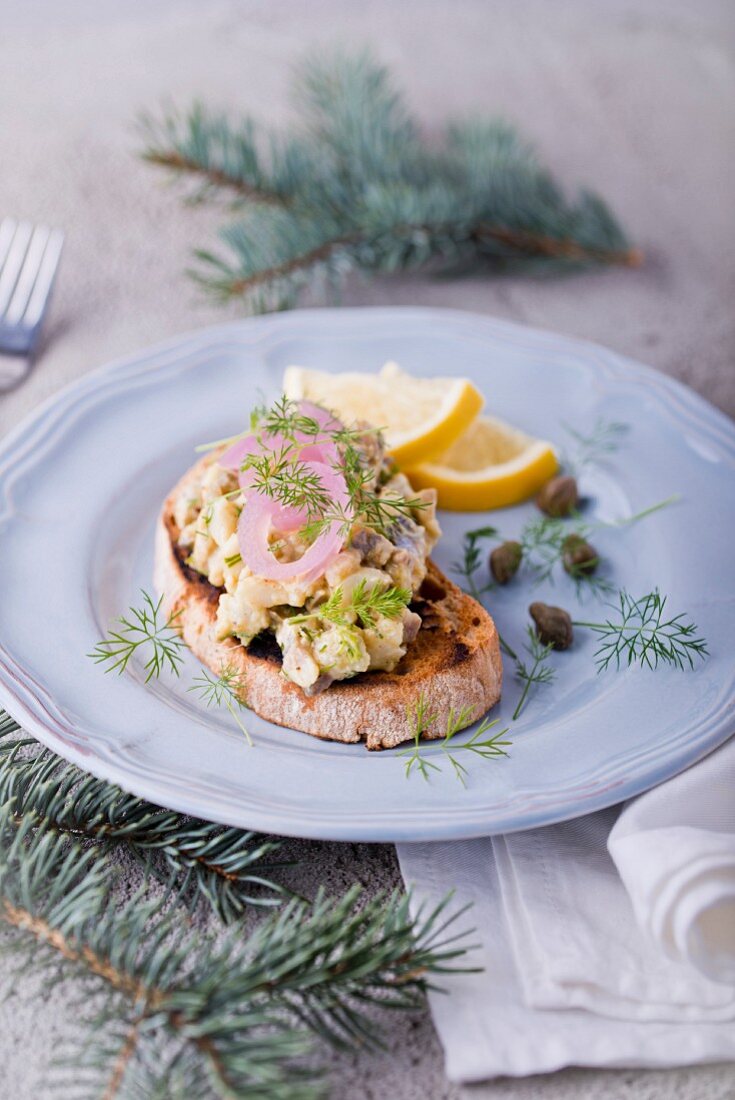 A slice of grilled bread topped with herring tatar