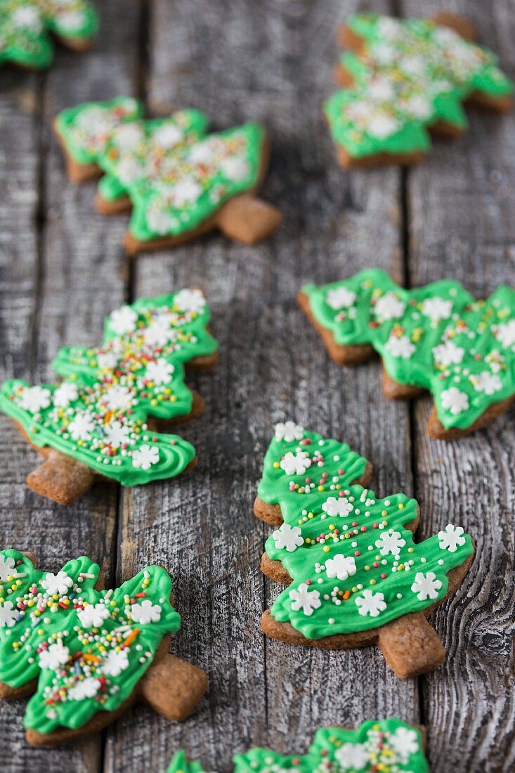 Gingerbread Christmas tree biscuits with green icing