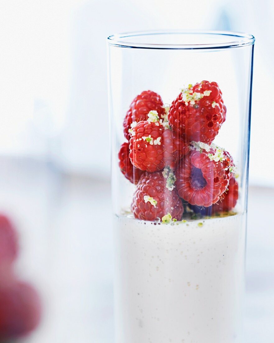 Fruit Smoothie in a Glass, Fresh Raspberries