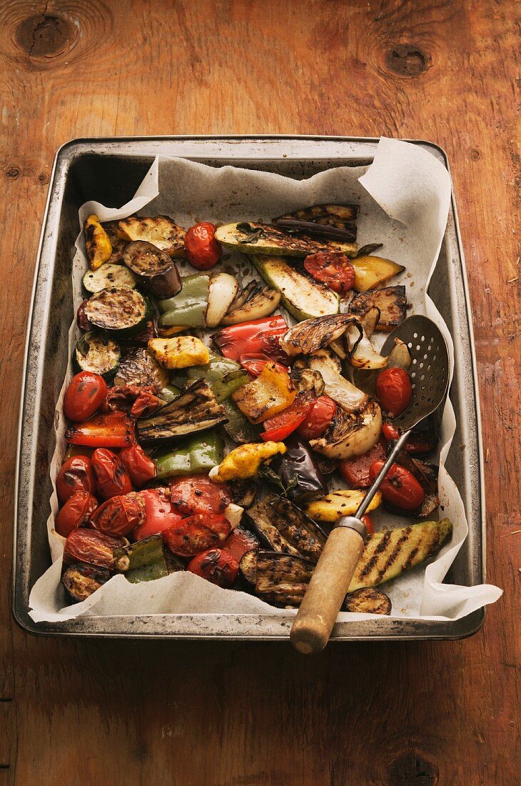 Grilled vegetables on a baking tray