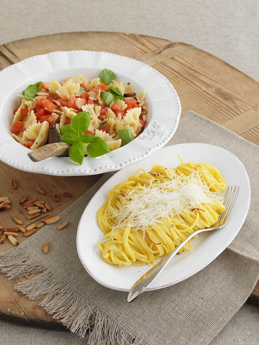 Pasta al pomodoro crudo and spaghettini allo zafferano