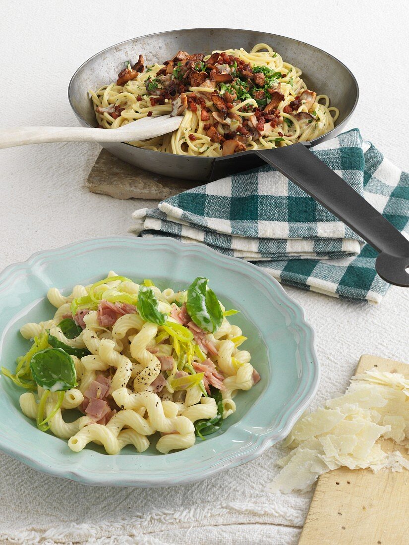 Linguine with chanterelle mushrooms, and cavatappi with leek and ham