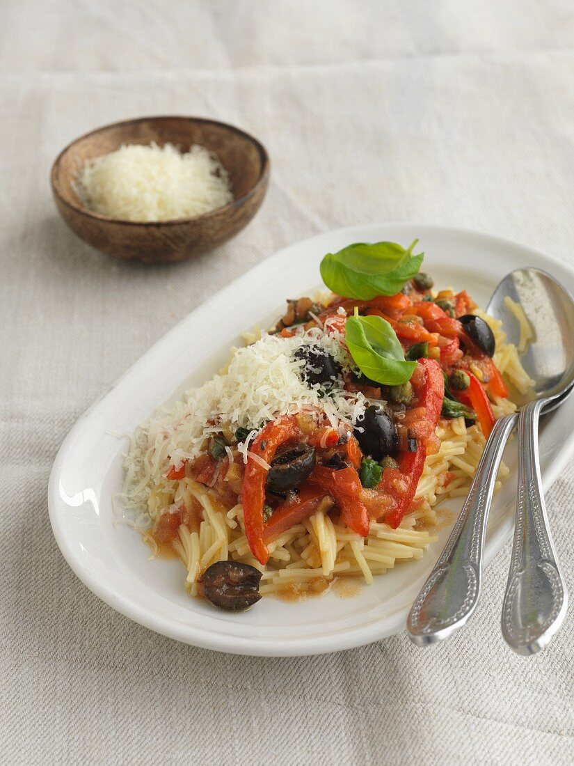 Vermicelli Siracusana with peppers, olives and anchovies
