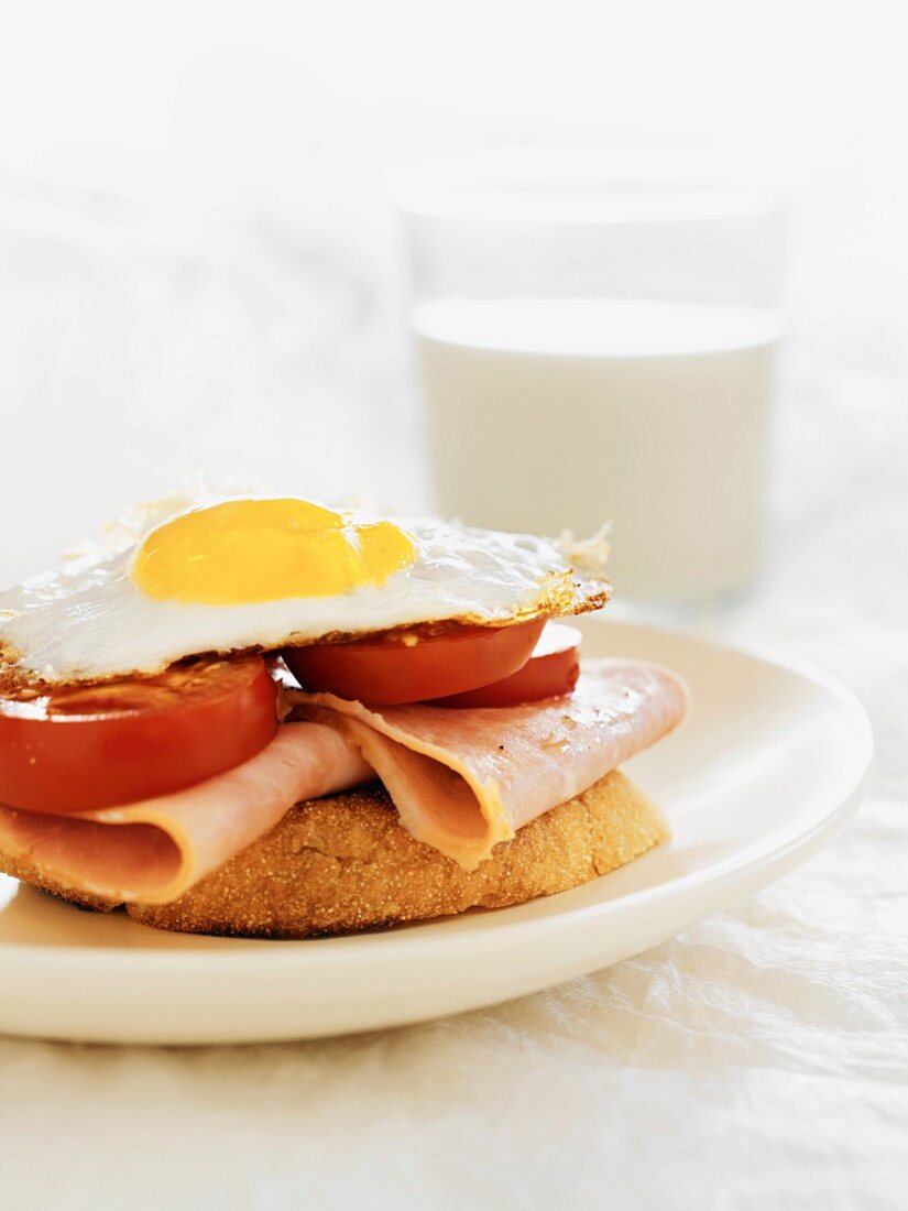 Grilled bread topped with ham, tomatoes and fried egg