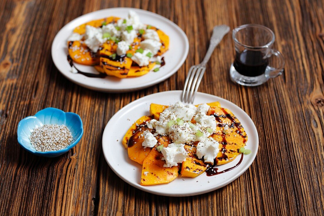 Grilled pumpkin with goat's cheese, balsamic vinegar and roasted amaranth
