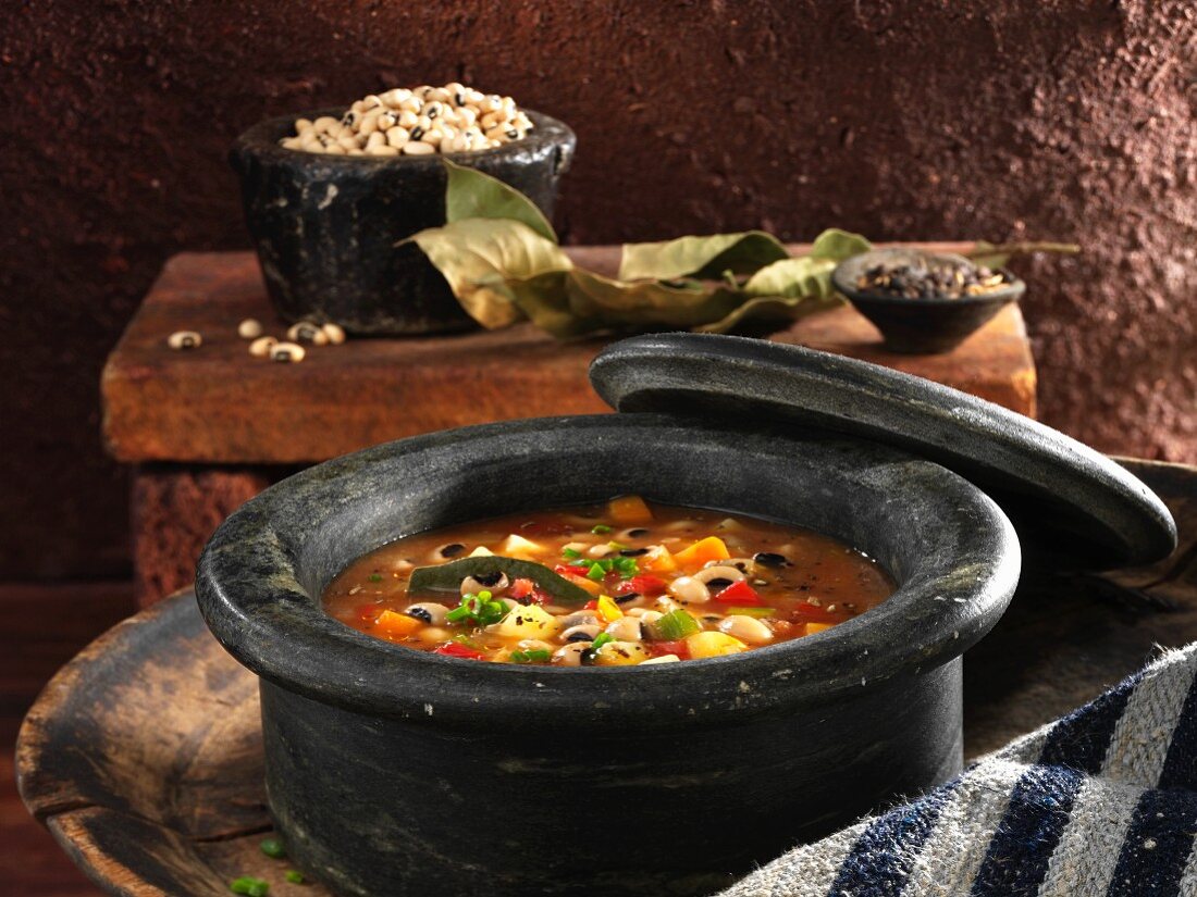 Vegetarian bean soup with black-eyed beans and vegetables