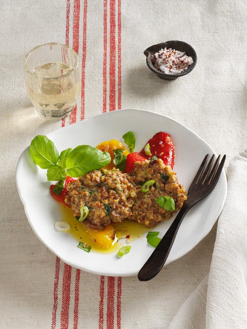 Soya fritters with marinated peppers (vegetarian)