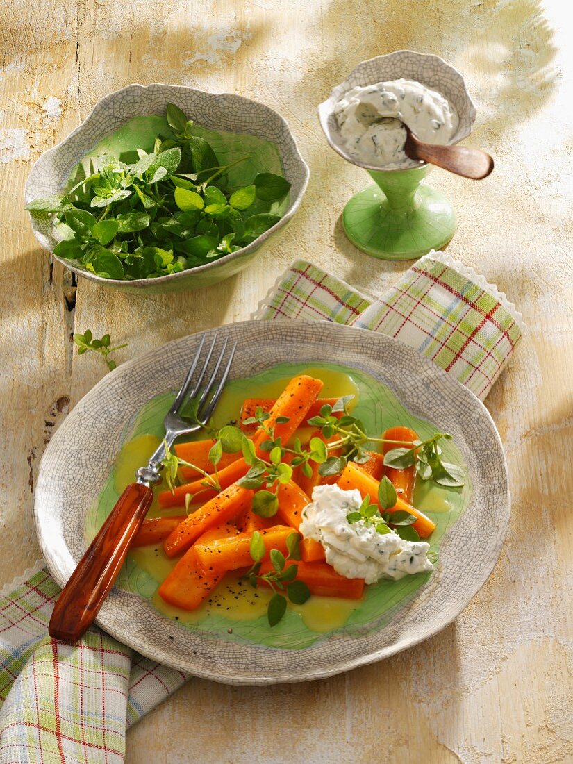 Carrot medley with chickweeds and herb quark