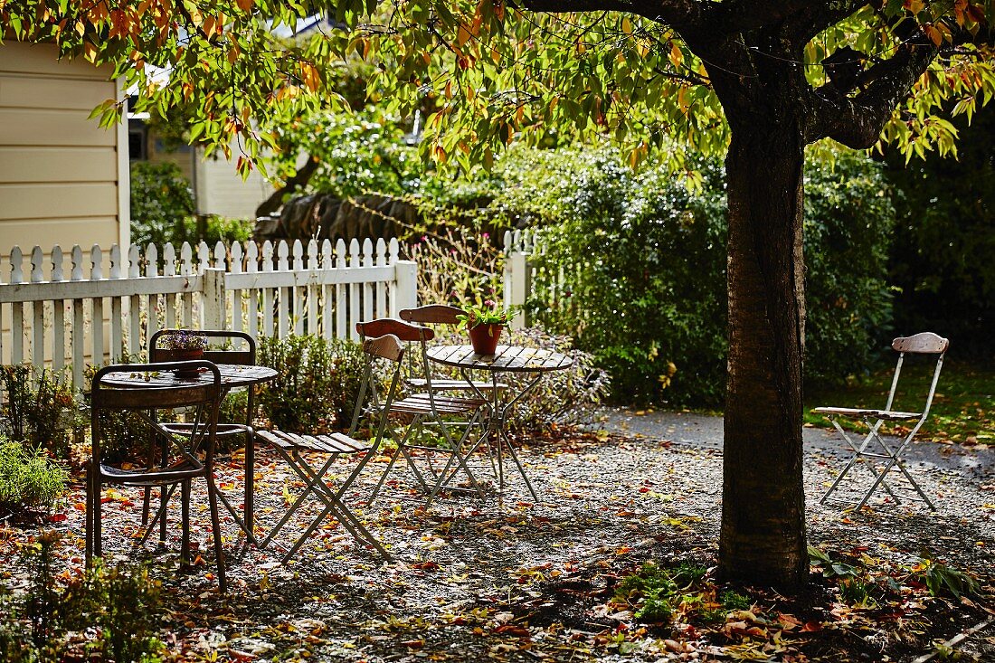 Tables and chairs in autumnal garden with white fence in background
