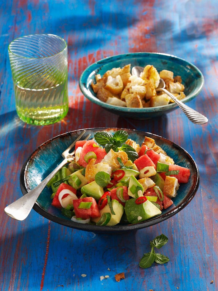 Avocado salad with watermelon, chilli and garlic croutons (vegetarian)