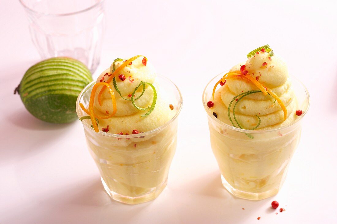 Orange and fennel ice cream with zest and pink peppercorns