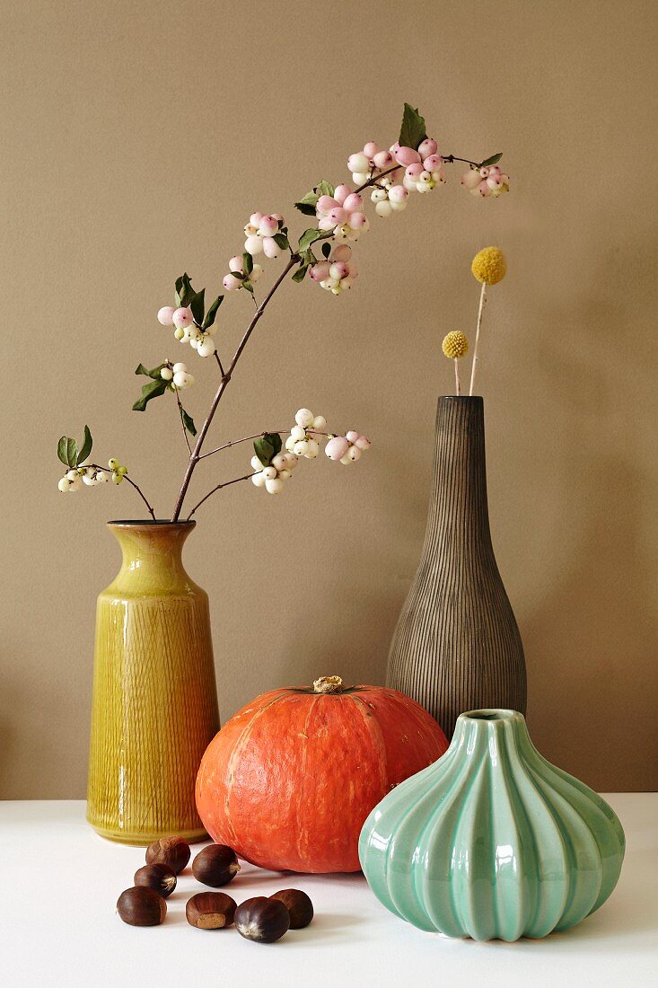 Autumnal still-life arrangement of vases, sprig of flowers, Hokkaido pumpkin and chestnuts