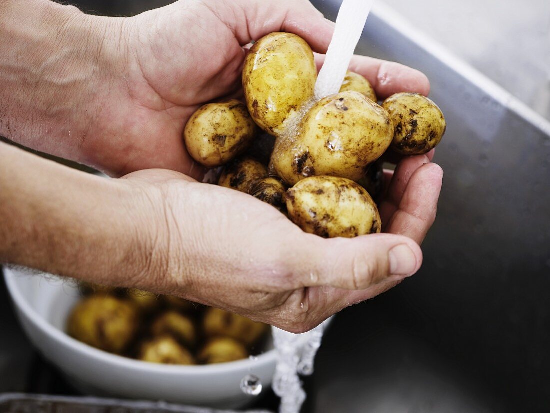 A person washing potatoes under running water in a kitchen sink