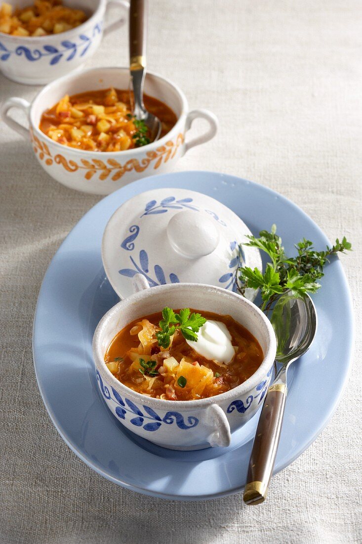Sauerkraut soup with potatoes and sour cream