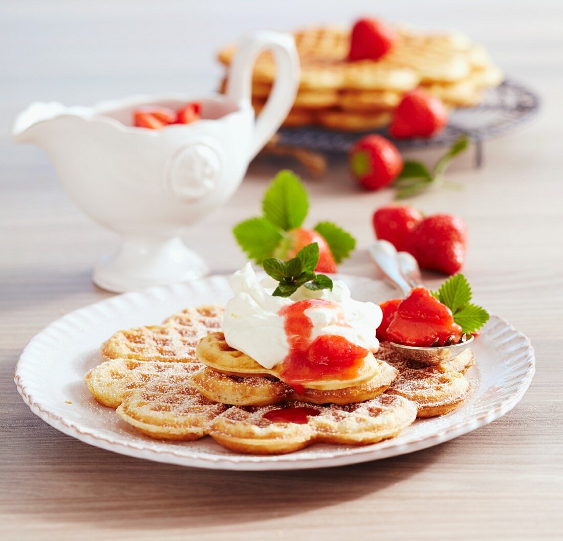 Luxembourg waffles with strawberries and cream