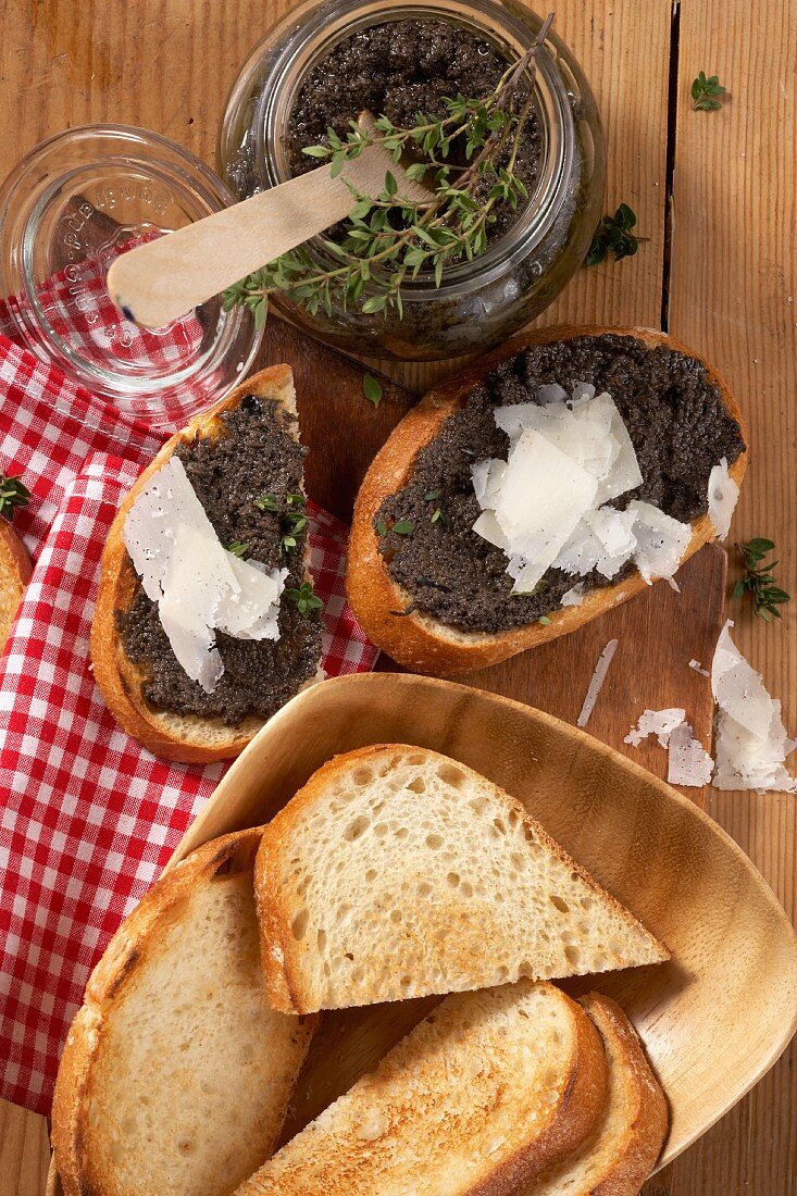Tapenade with shaved cheese