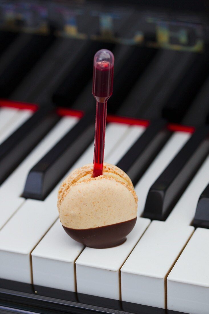 A macaroon on a stick on the keys of a piano