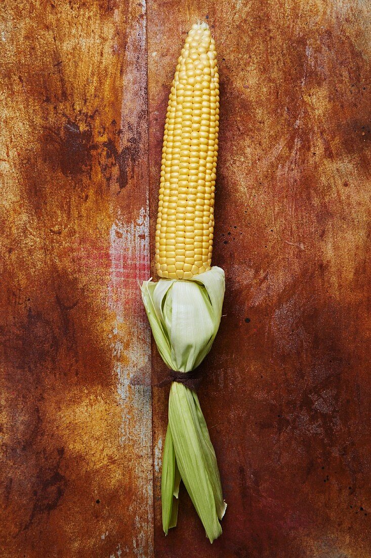 A corn cob with leaves