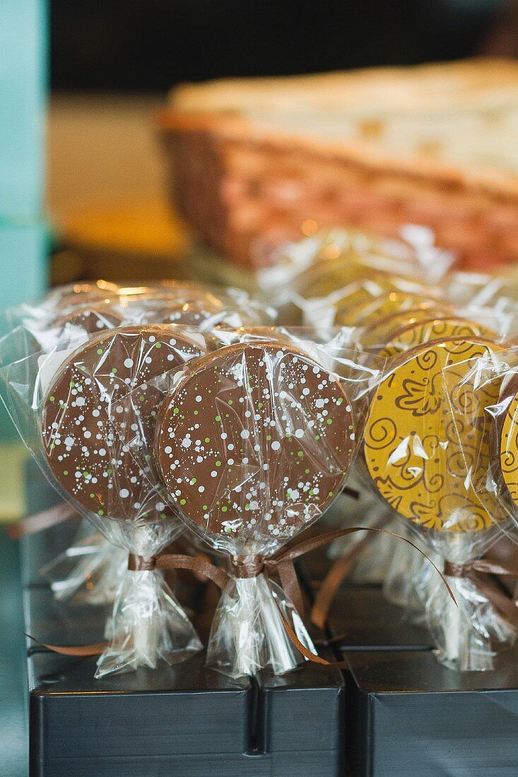 Chocolate lollies wrapped in cellophane