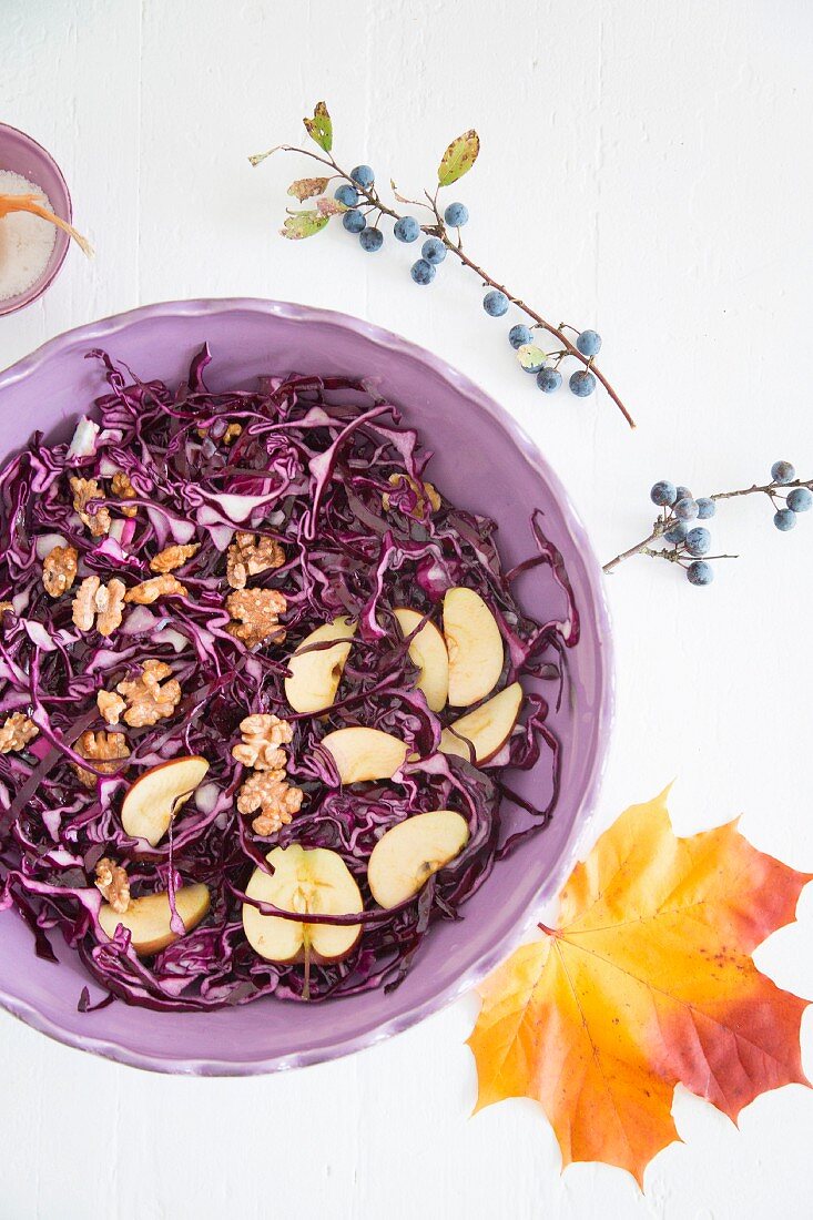 Red cabbage salad with apples and walnuts