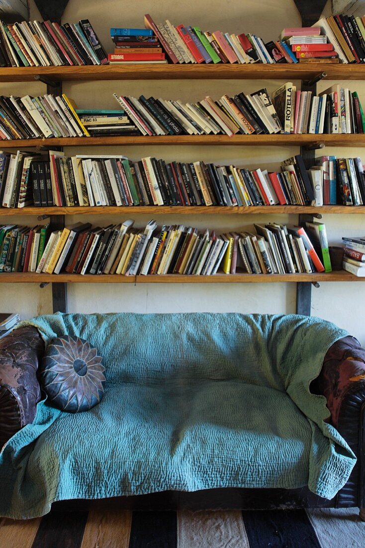 Vintage sofa with turquoise blanket below bookshelves
