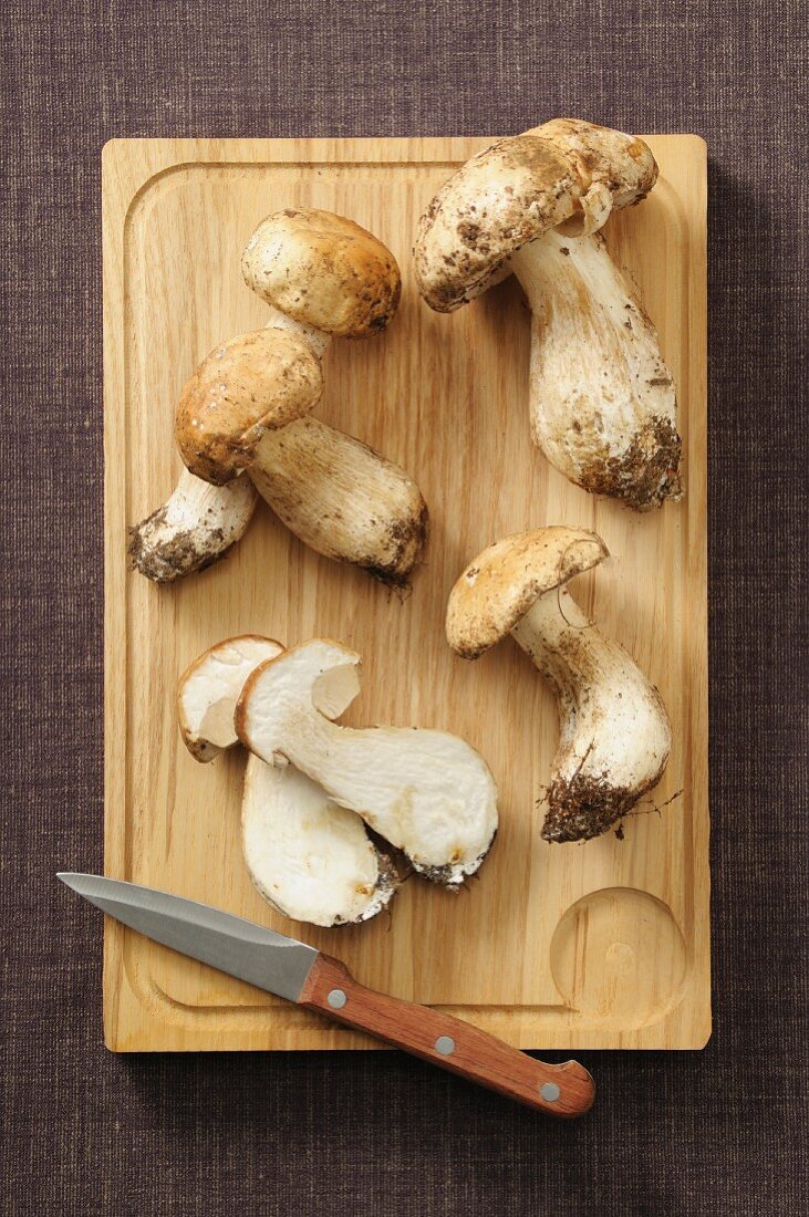 Fresh porcini mushrooms on a wooden board