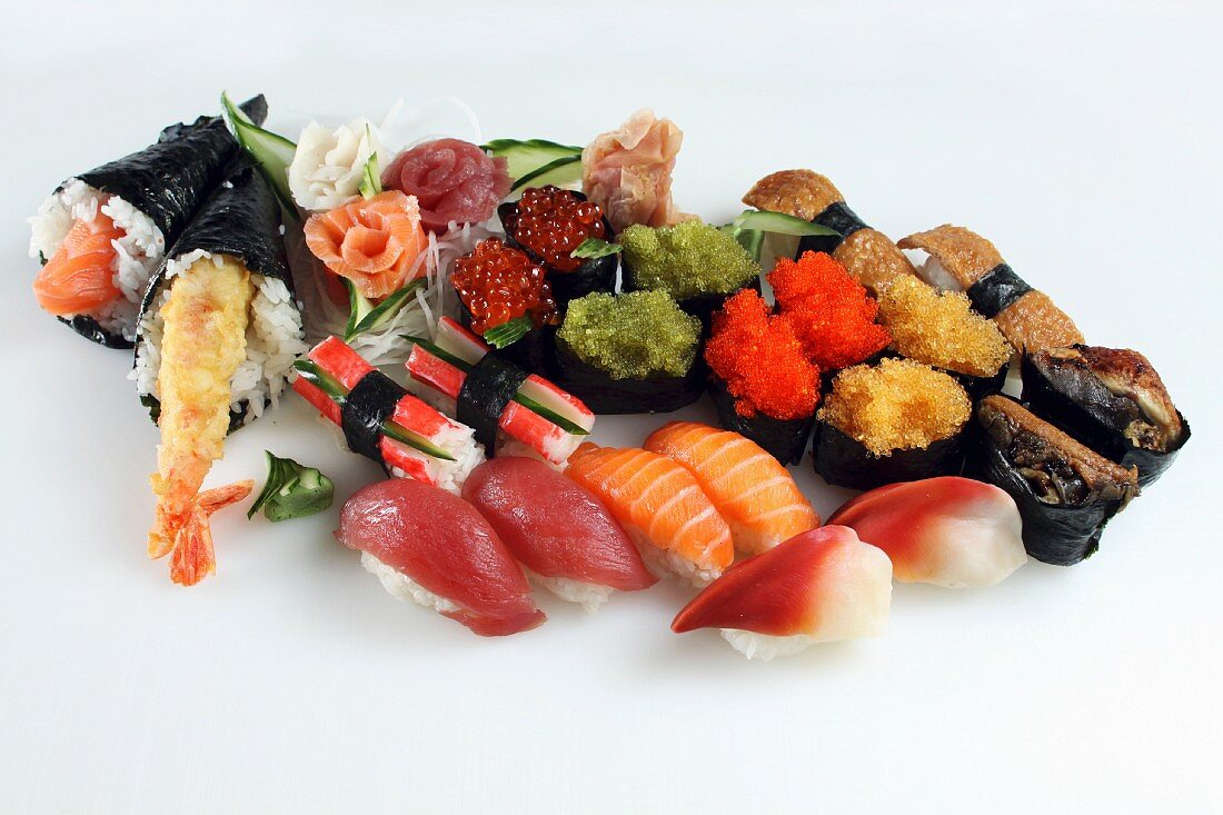 Various sushi on a white surface