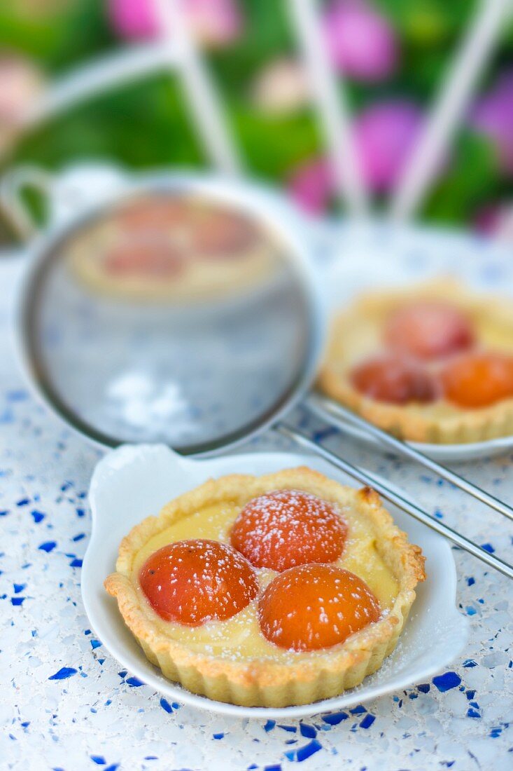 Nectarine and vanilla tartlets with icing sugar