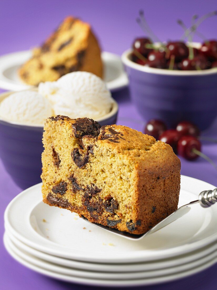 Vegan cake with millet, dark chocolate and cherries