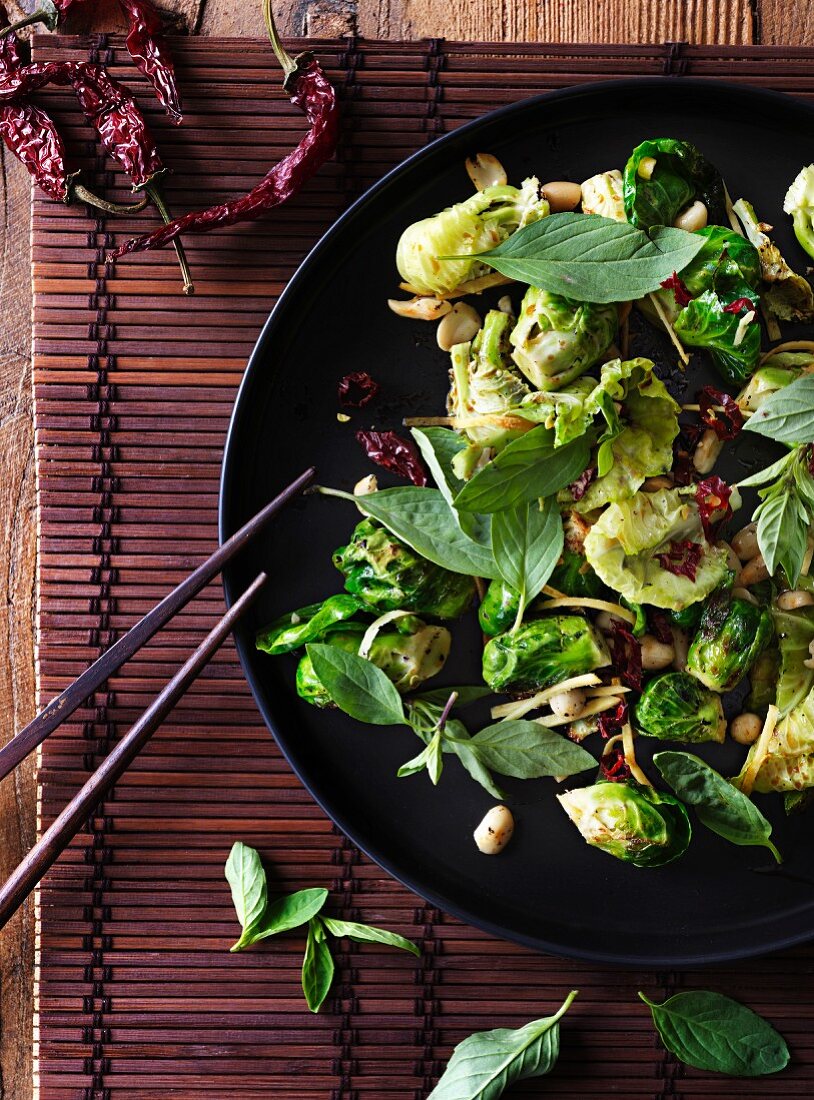 Fried Brussels sprouts with chilli, Thai basil and peanuts