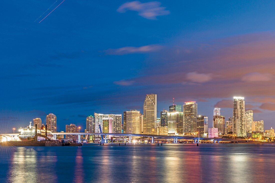 The skyline of Miami at night, Florida, USA