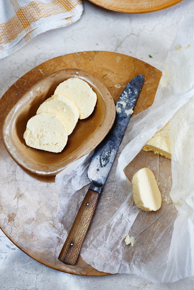 Homemade butter, sliced