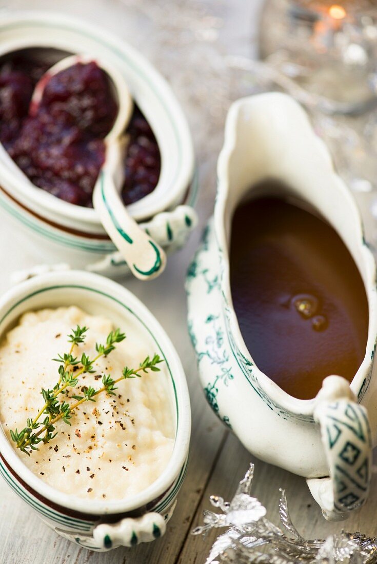 Christmas side dishes: gravy, bread sauce and cranberry sauce (USA)