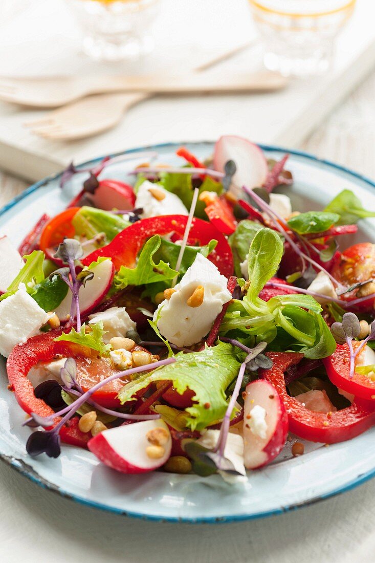 Griechischer Salat mit Paprika, Radieschen und Pinienkernen