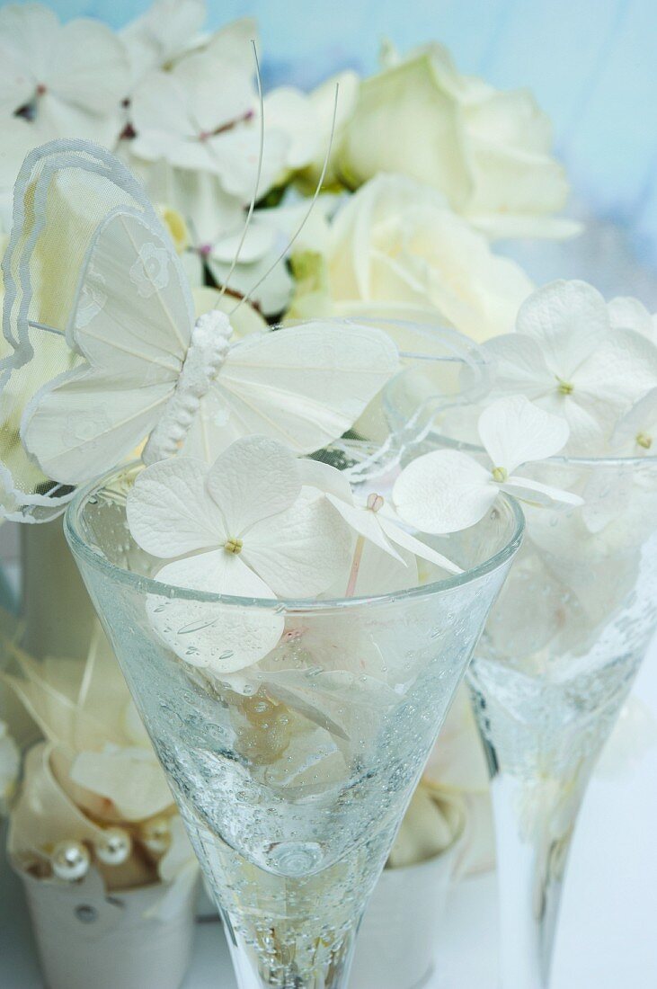 Stielgläser mit weissen Hortensienblüten und Deko-Schmetterling verziert, im Hintergrund Hortensie