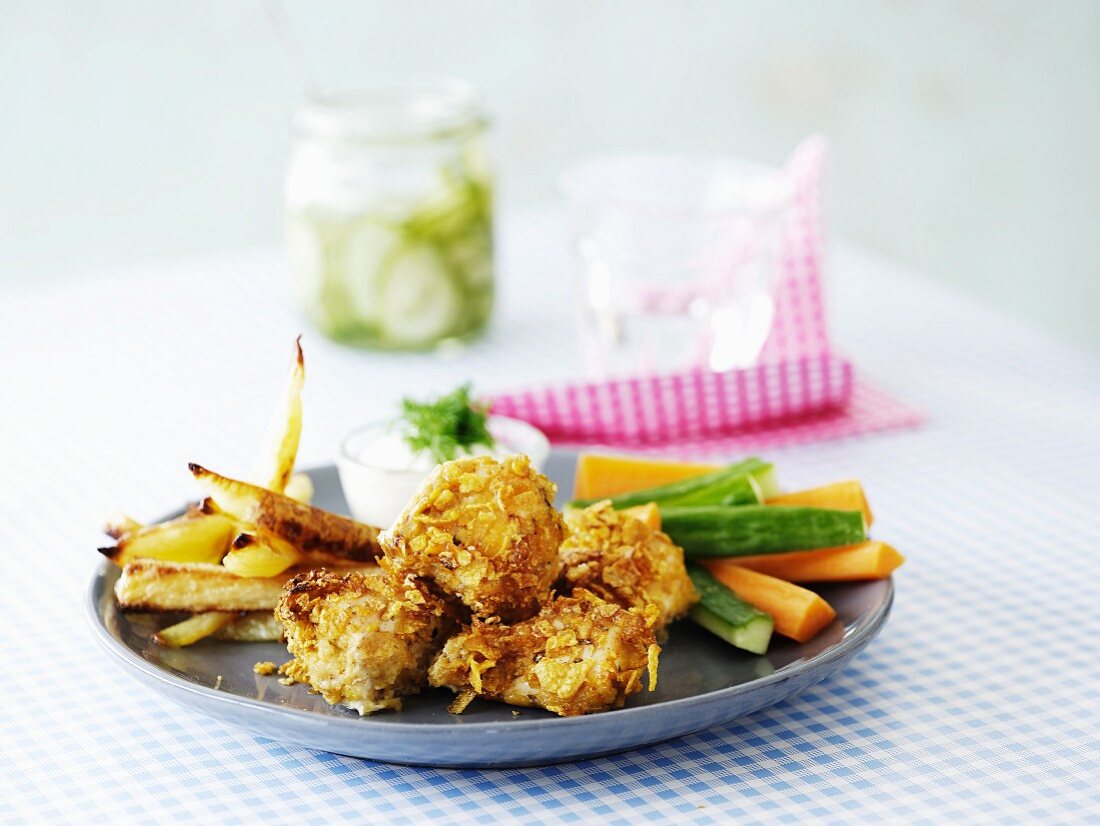 Chicken in a cornflakes coating with chips, vegetable sticks and cucumber yoghurt