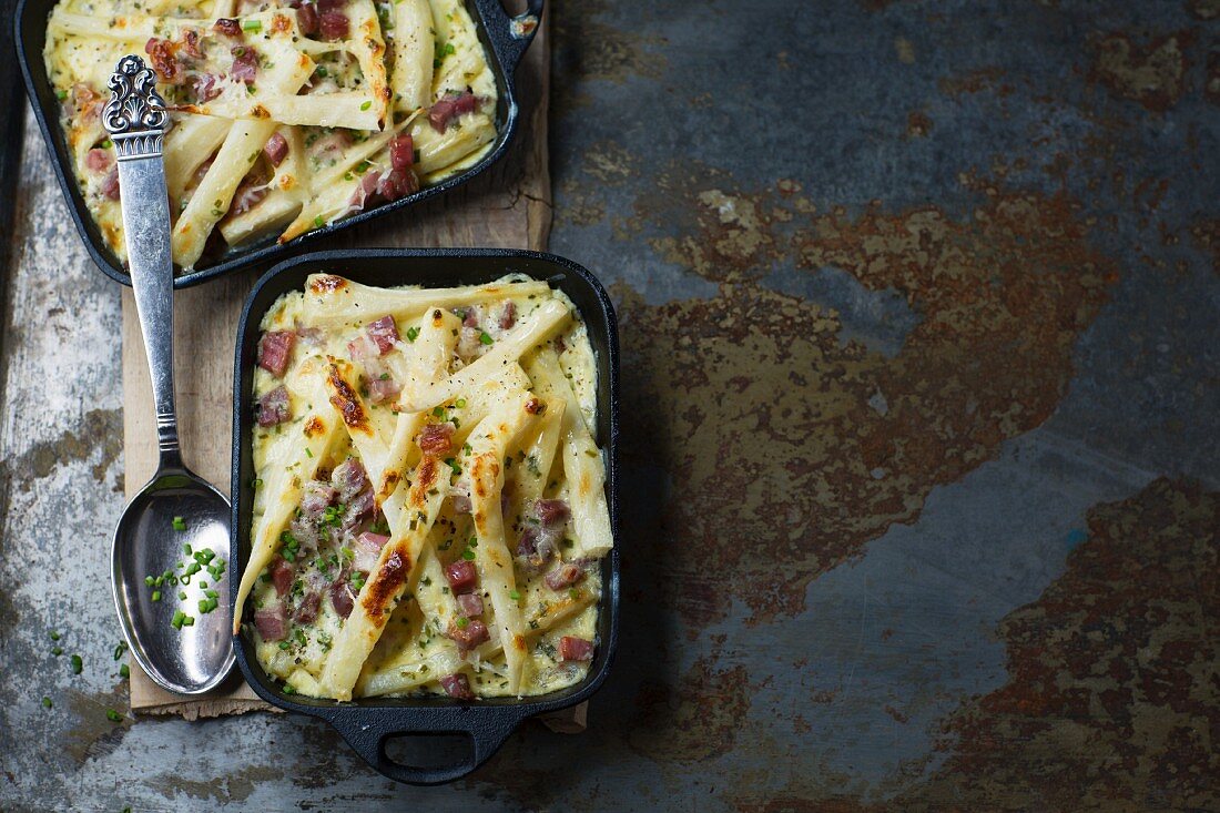 Parsley root gratin with bacon and herbs