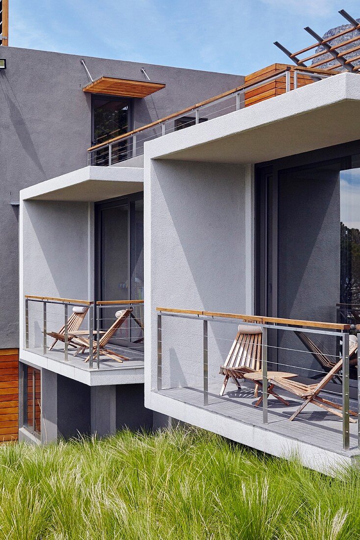 Cubist balconies on façade of modern house