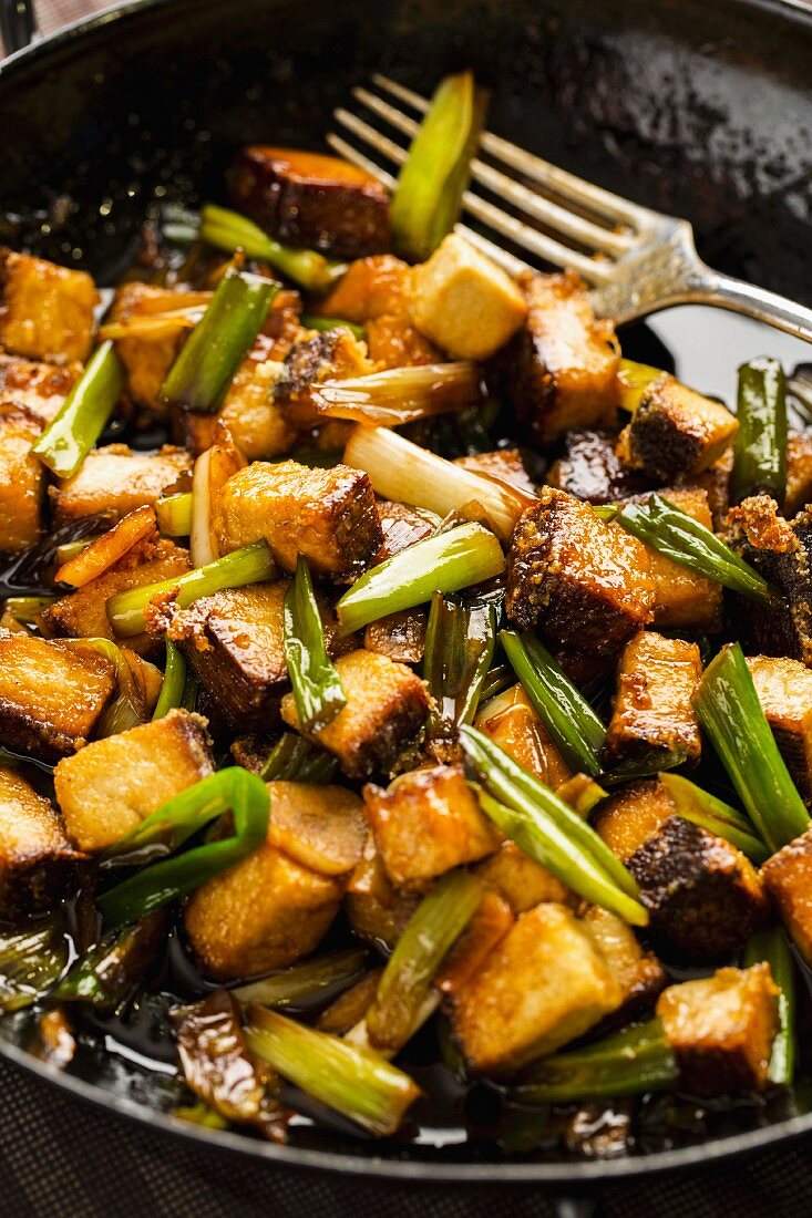 Fried tofu with spring onions