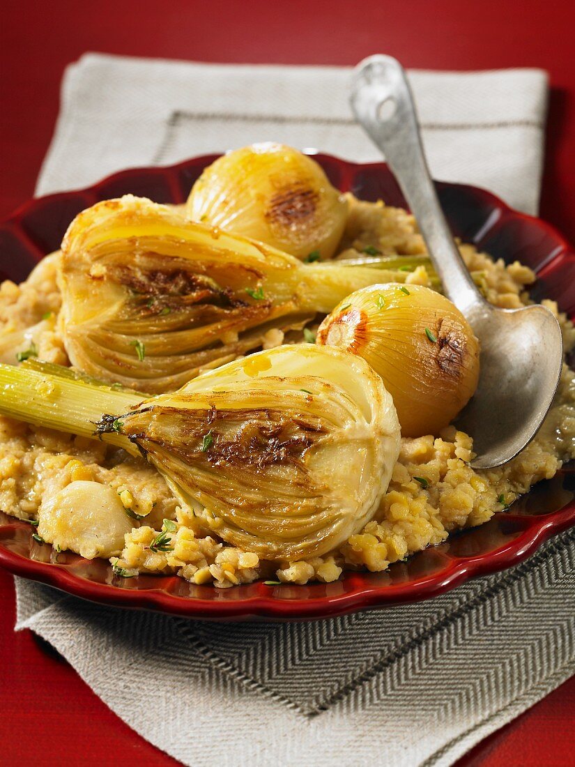 Braised fennel and onions on a lentil medley