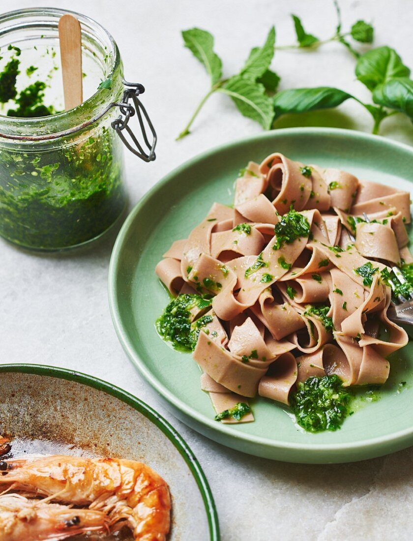 Chestnut pasta with herb pesto