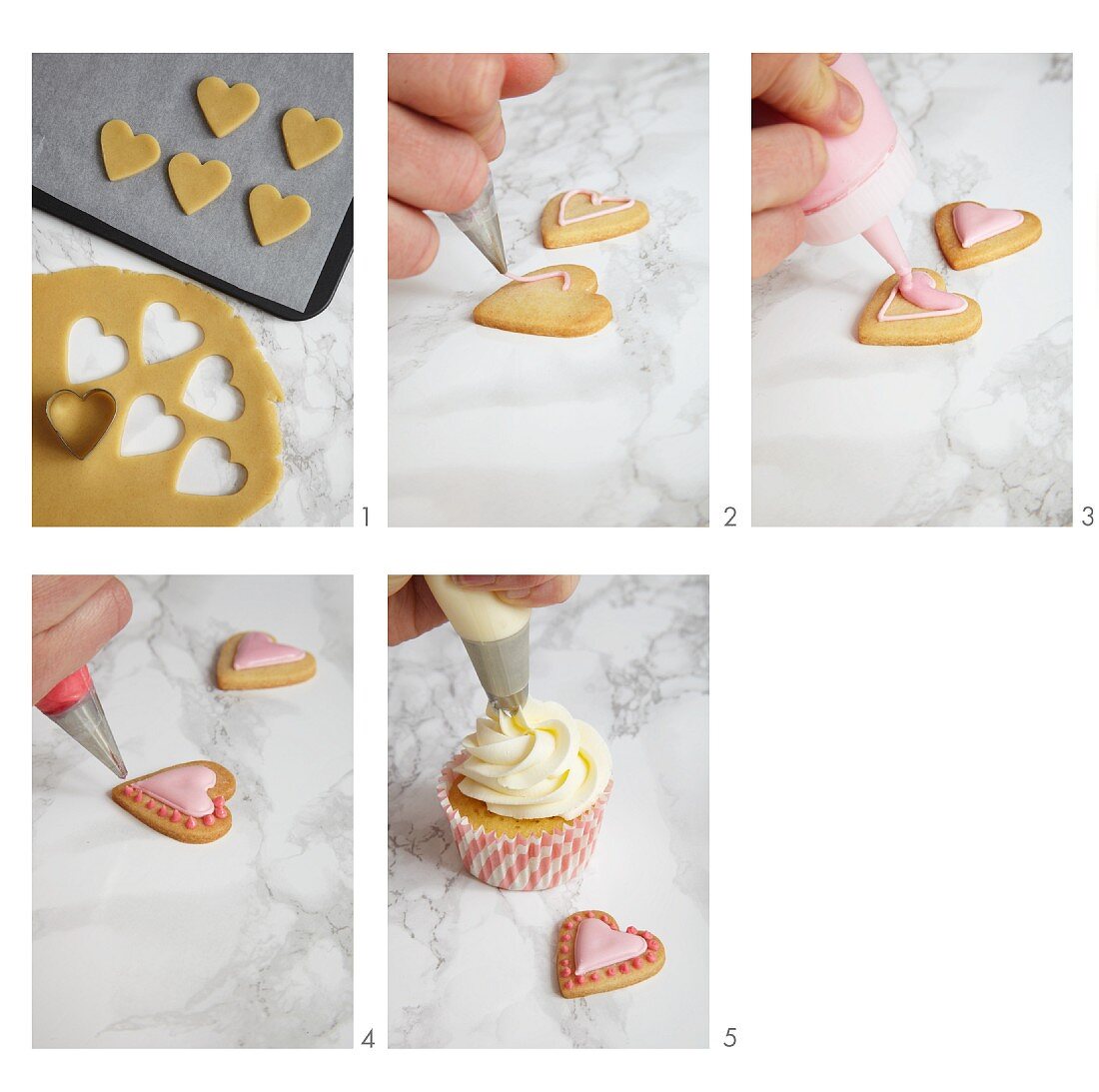 Swirl cupcakes decorated with heart biscuits being made