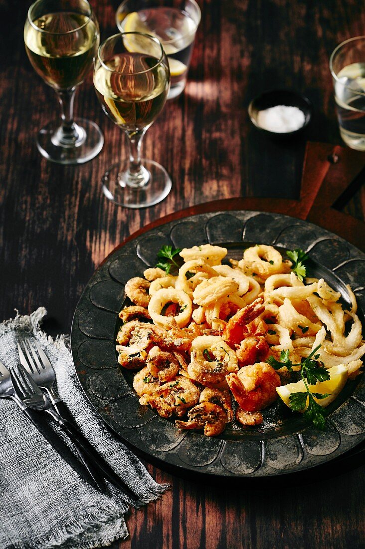 A fried, mixed seafood platter