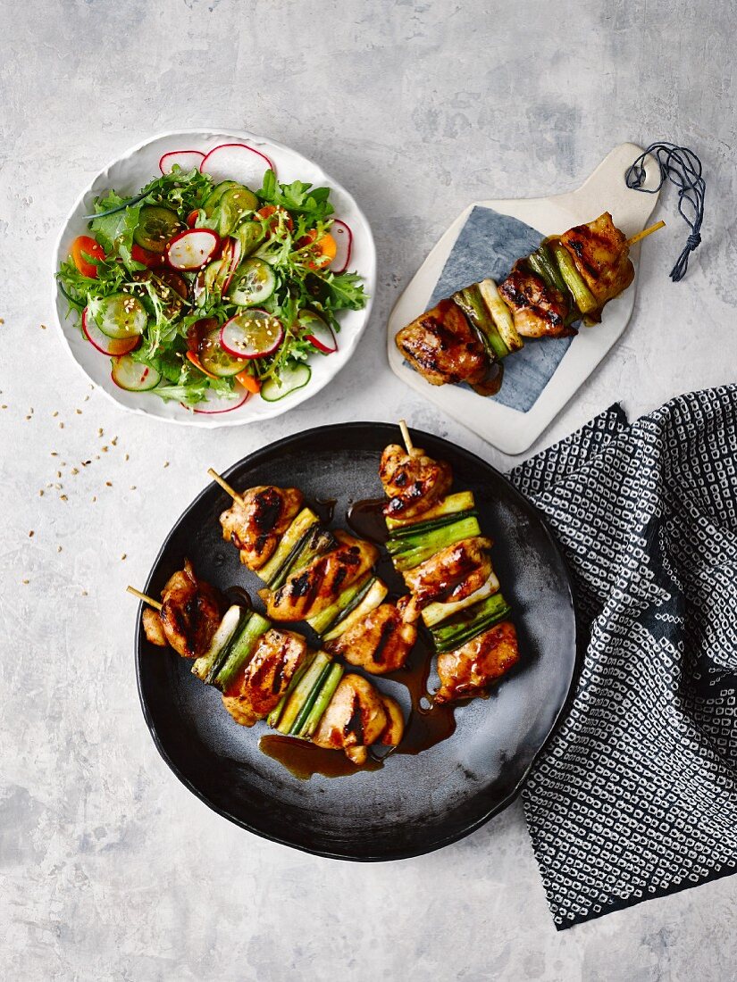 Chicken yakitori with a side salad (Japan)