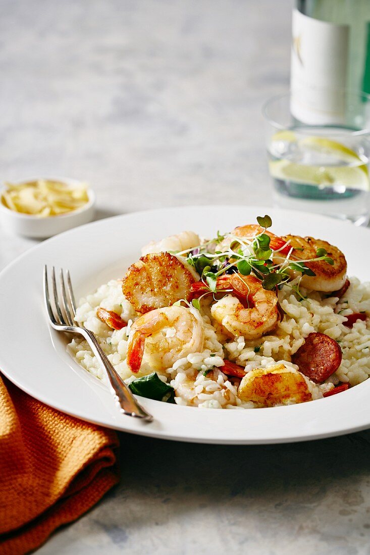 Risotto with prawns, mussels and chorizo