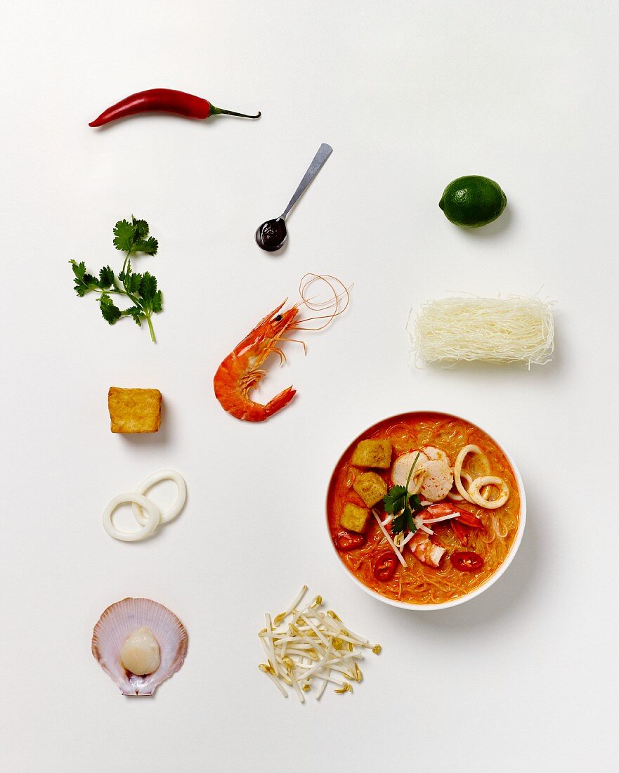 Laksa (Suppe mit Meeresfrüchten & Nudeln, Südostasien) umgeben von Zutaten